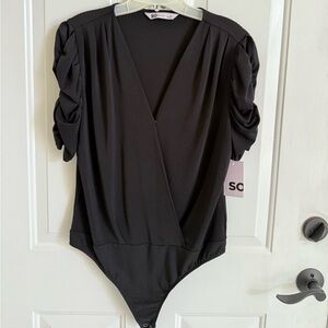 SO Black Puff Sleeve Wrap Bodysuit
